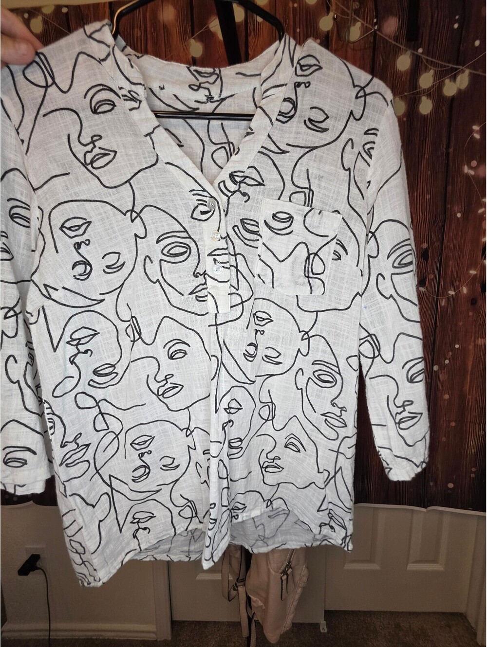 White Blouse with Black Abstract Face Line Art Print